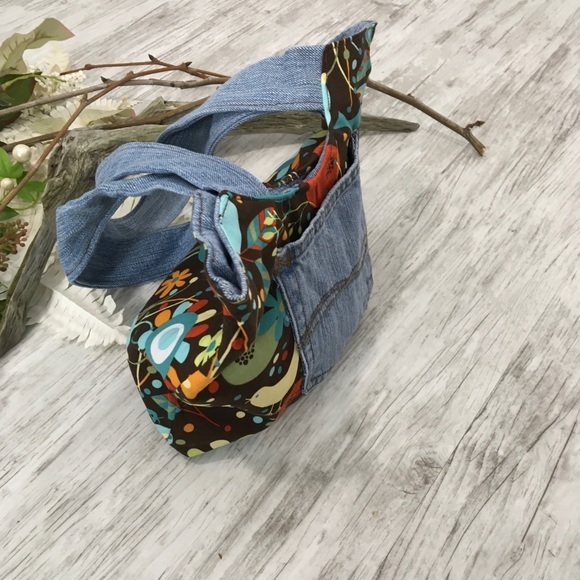 Whimsical Bird Brown Hand Bag Denim Jean Leaf Retro Print Handmade Sewn - Picture 5 of 8